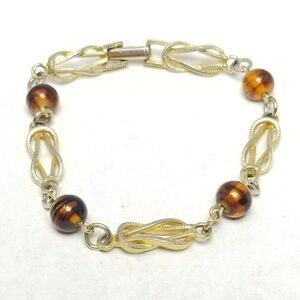 Vintage Avon Gold Tone and Brown Bead Chain Link Panel Bracelet, Retro Estate